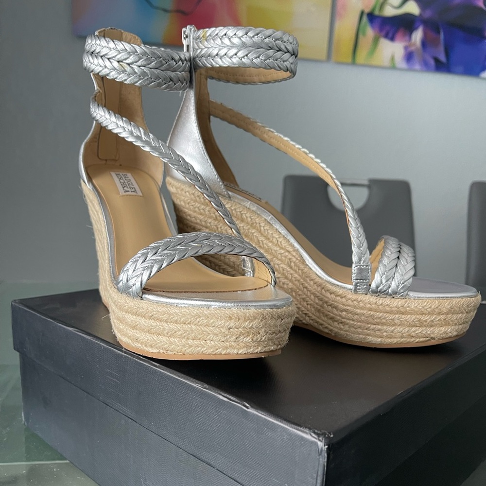 Badgley Mischka Metallic Leather Wedge Espadrille Sandals